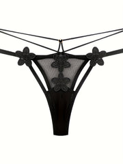 Floral Embroidery Thongs Double Ribbon Mesh Panties