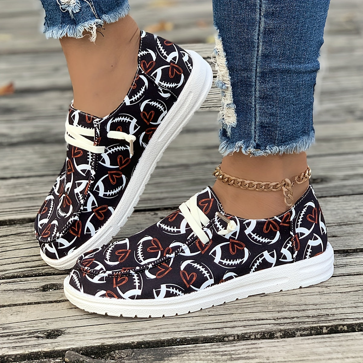 Women's Skateboard Shoes with Rugby Ball Love Heart Pattern