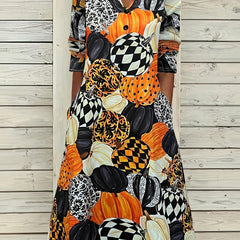  Halloween Pumpkin Print Long Sleeve Dress