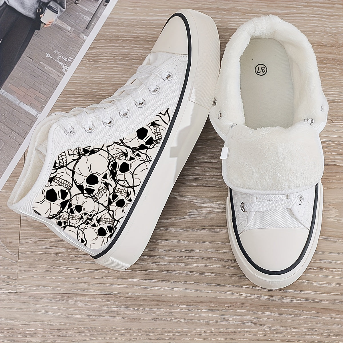 Skull Print Plush Lined Thermal Chunky Canvas Sneakers