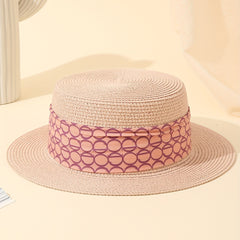 Pink Ribbon Decor Straw Hat Flat Top Jazz Sun Hat