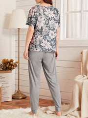 Floral Print Lounge Set Short Sleeve Top & Pants Women's Loungewear