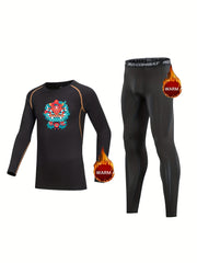Kids Chinese Dragon Totem Print Fleece Lined Compression Base Set