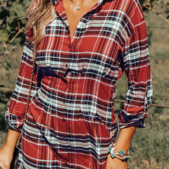  Plaid Print Roll Up Sleeve Shirt Dress
