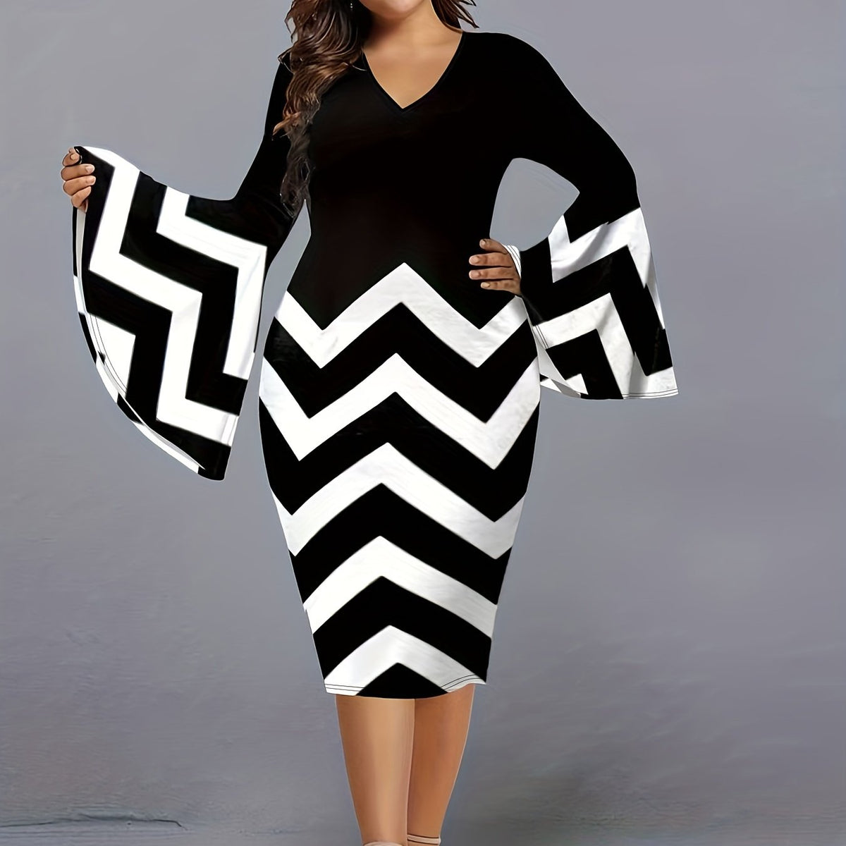  Colorblock Stripe Print Bell Sleeve V Neck Midi Dress