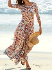 Plus Size Ditsy Print Maxi Dress Half Sleeve Round Neck