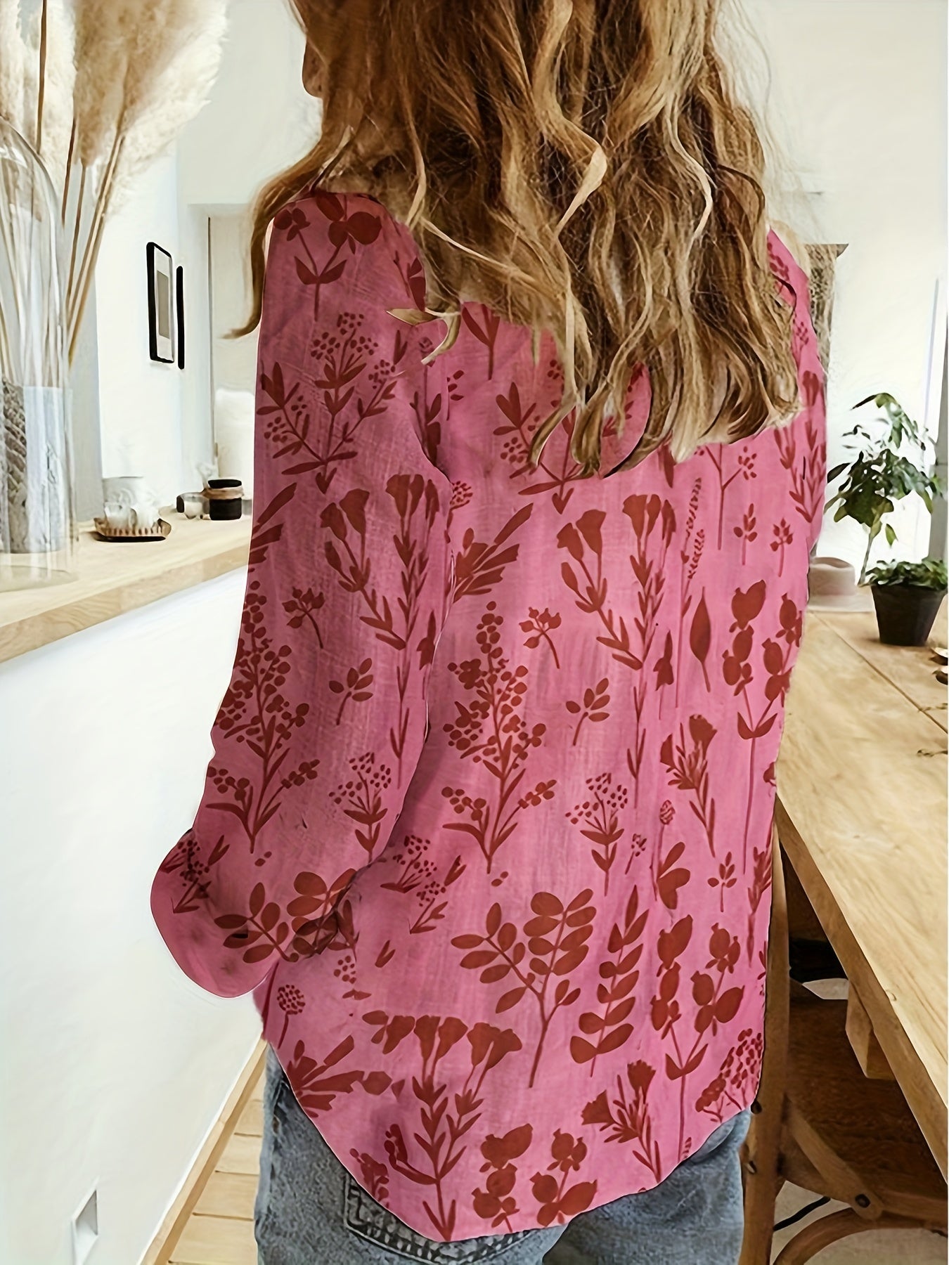  Floral Print Long Sleeve Button Up Shirt Top