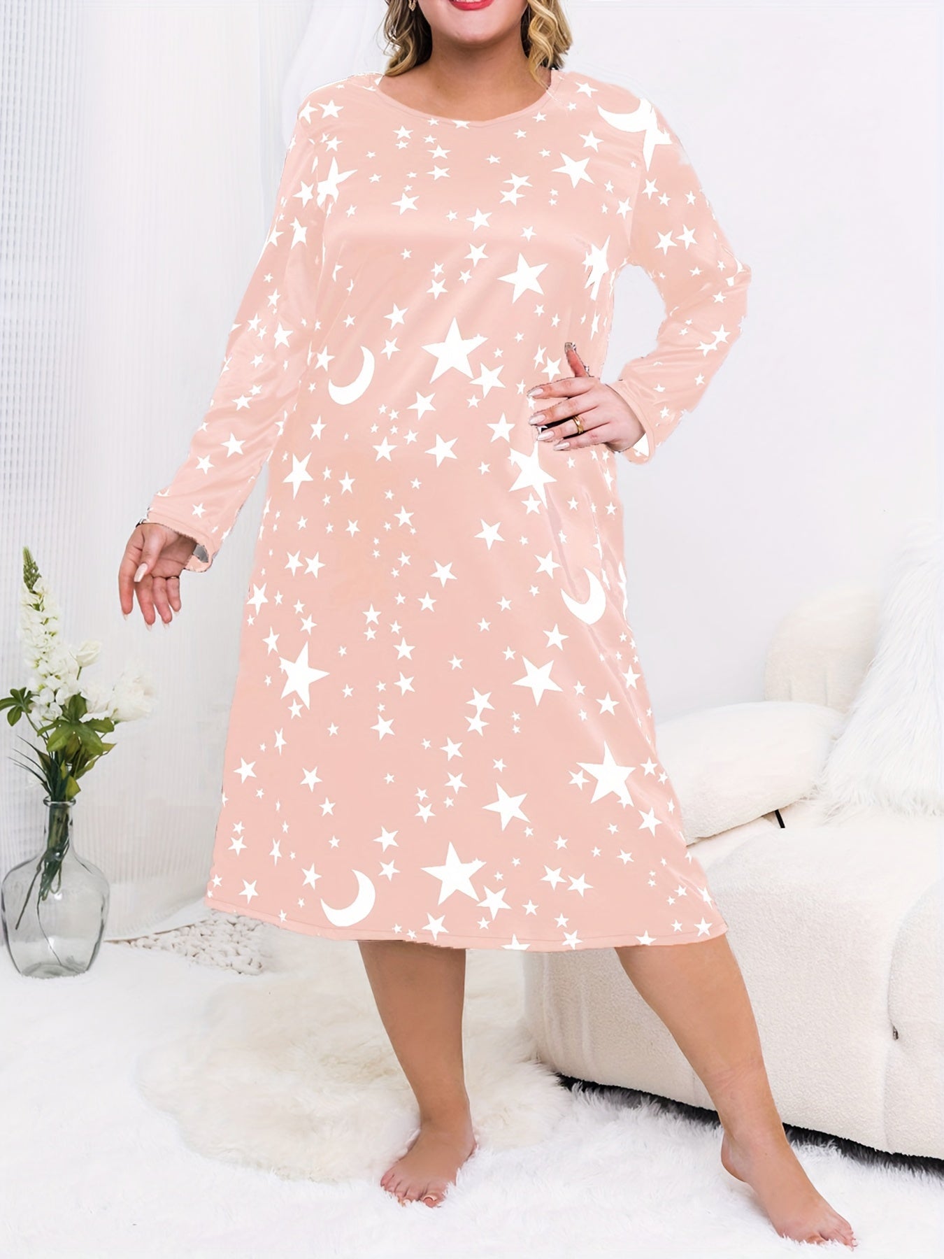 Star & Moon Print Long Sleeve Nightdress