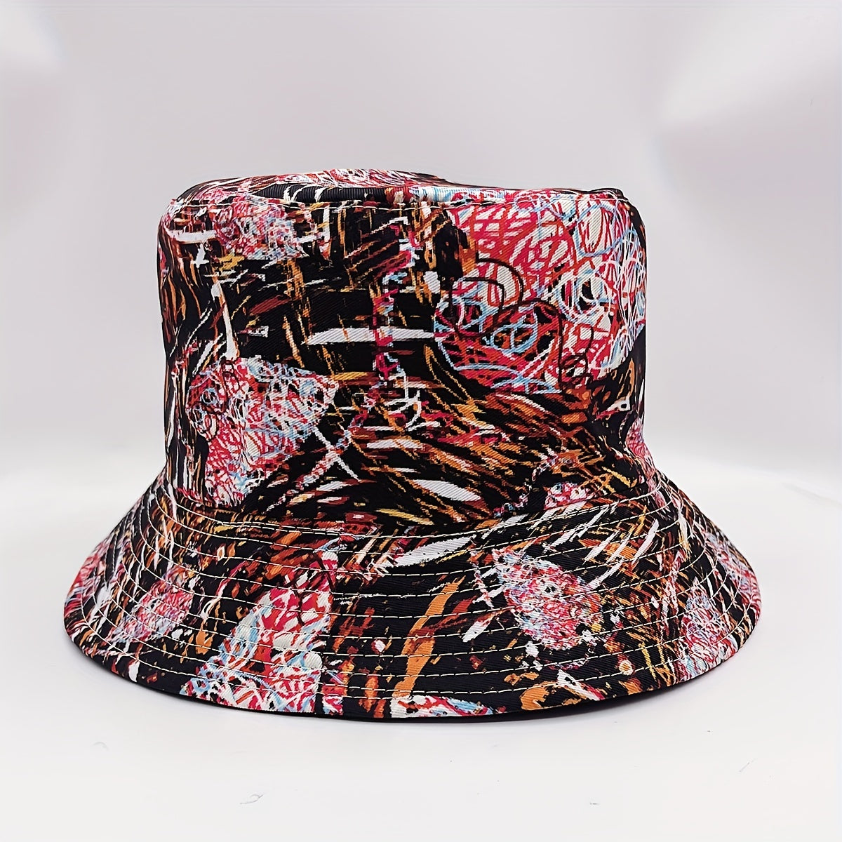 Graffiti Striped Print Bucket Hat Vintage Reversible Fisherman Cap Red Brown Sun