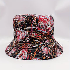 Graffiti Striped Print Bucket Hat Vintage Reversible Fisherman Cap Red Brown Sun