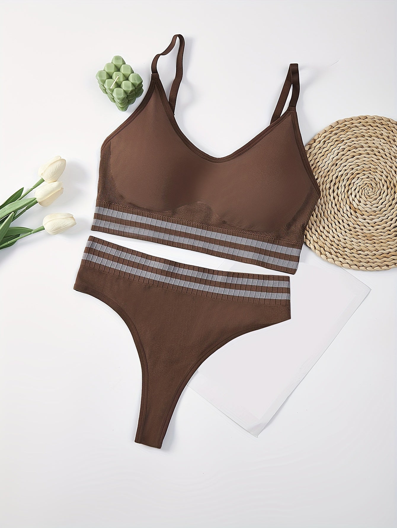 Plus Size Striped Wireless Sports Bra & Panty Set