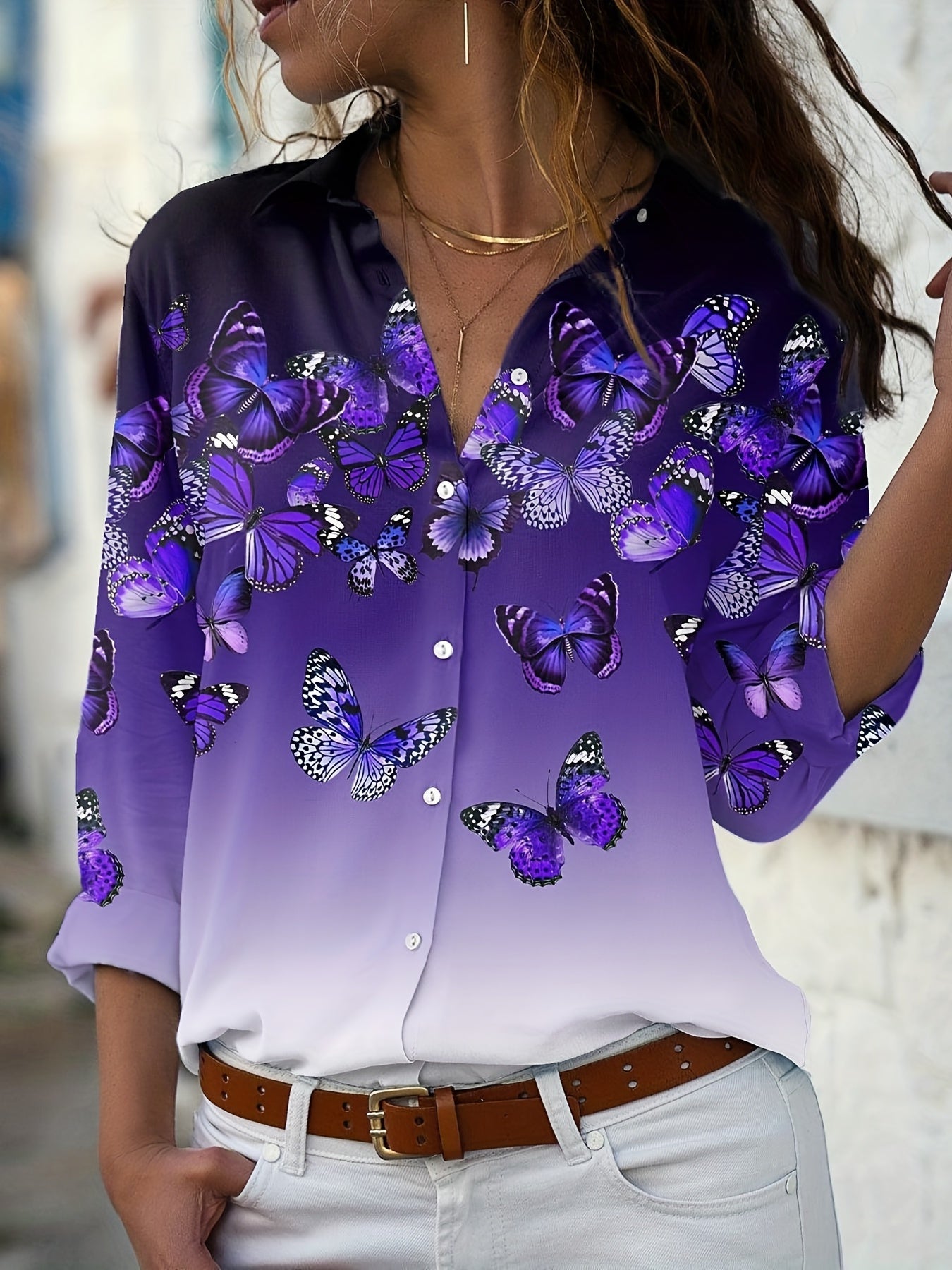 Butterfly & Ombre Print Long Sleeve Button Up Blouse