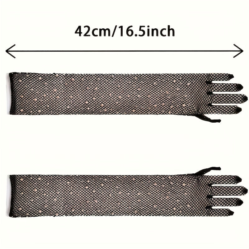 Rhinestone Fishnet Long Gloves for Women