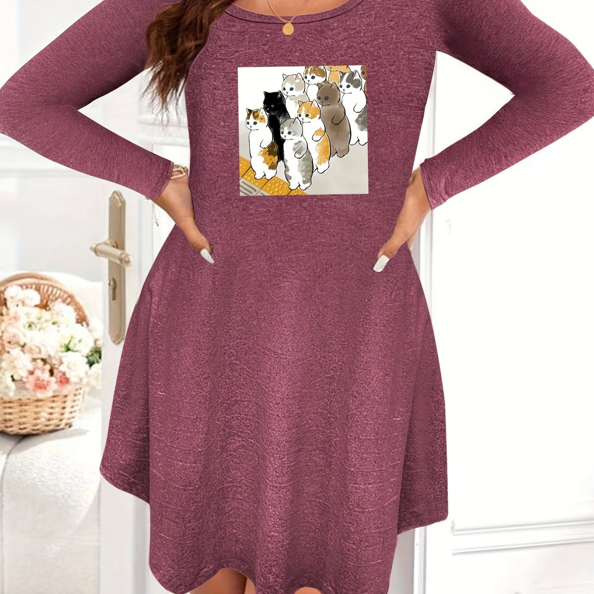  Cat Print Long Sleeve Sleep Dress