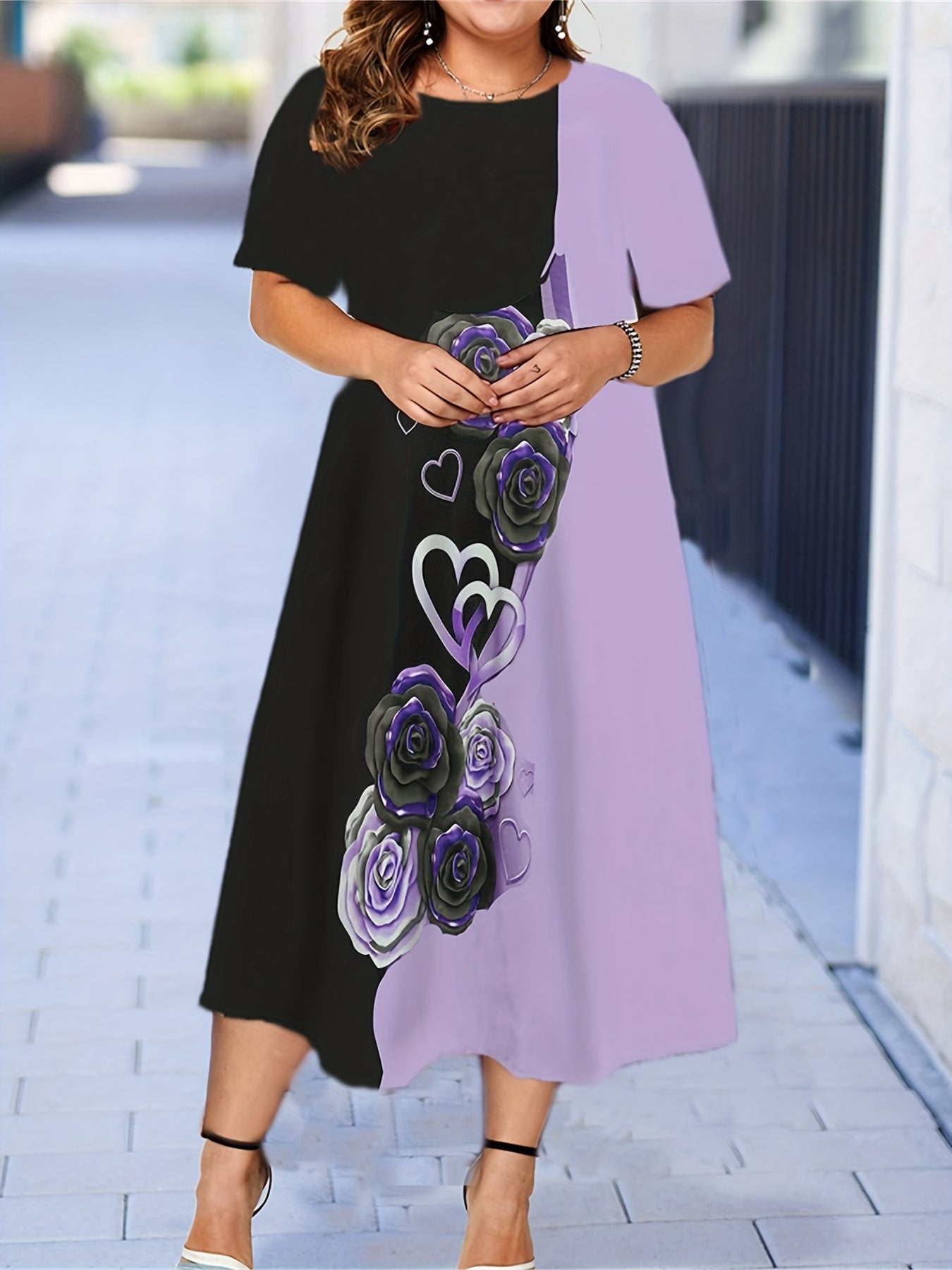  Colorblock Floral Print Short Sleeve Midi Dress