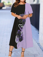  Colorblock Floral Print Short Sleeve Midi Dress