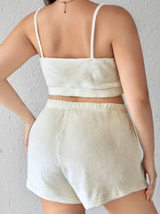  Solid Fleece Pajama Set Crop Cami & Shorts Loungewear
