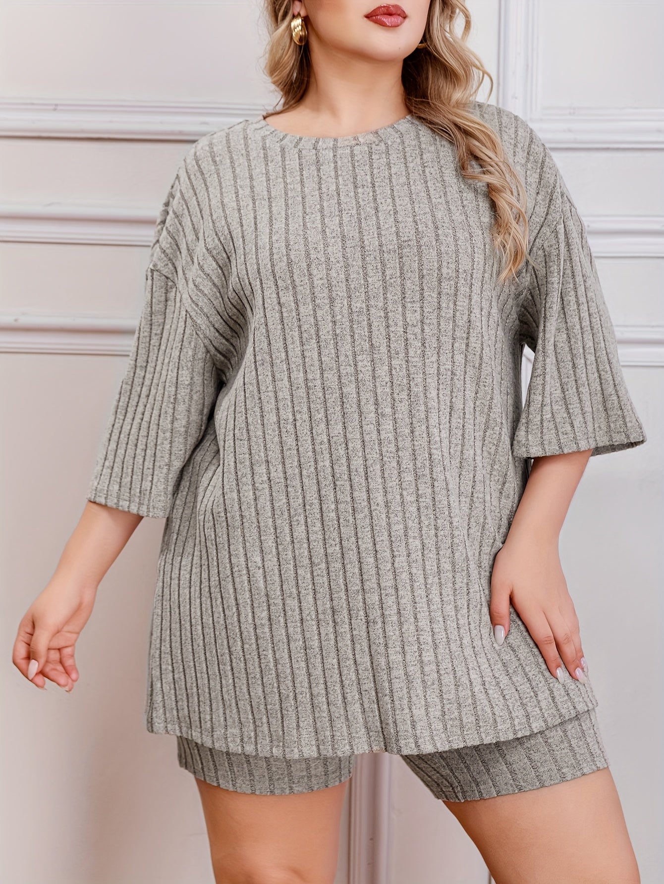  Solid Short Sleeve Ribbed Knit Top & Shorts 2 Pc Set