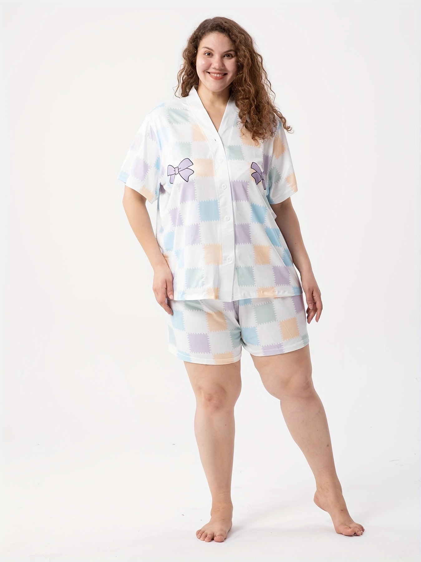  Colorful Plaid & Bow Knot Print Pajama Set