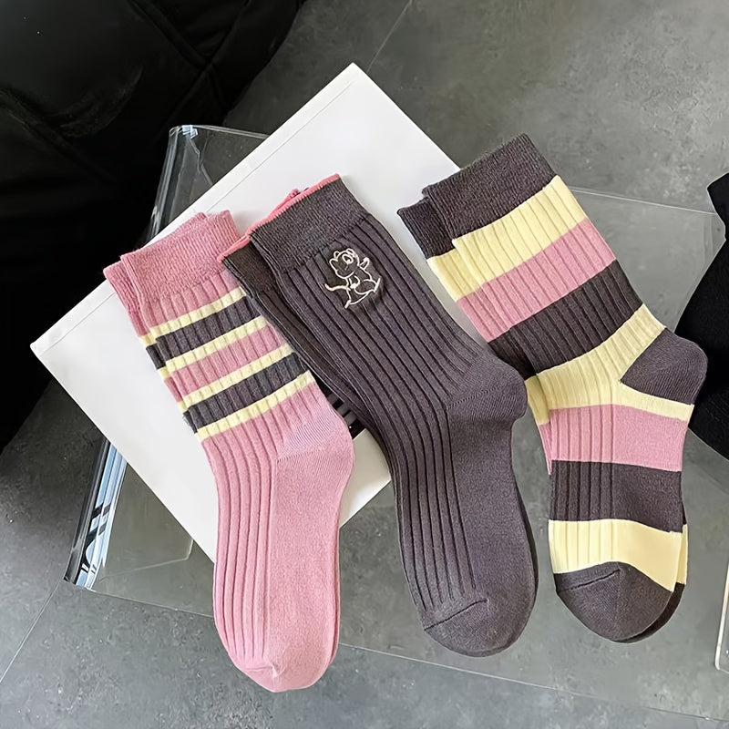 3 Pairs Striped Crew Socks Mid Tube Women's Stockings