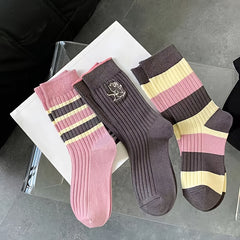 3 Pairs Striped Crew Socks Mid Tube Women's Stockings