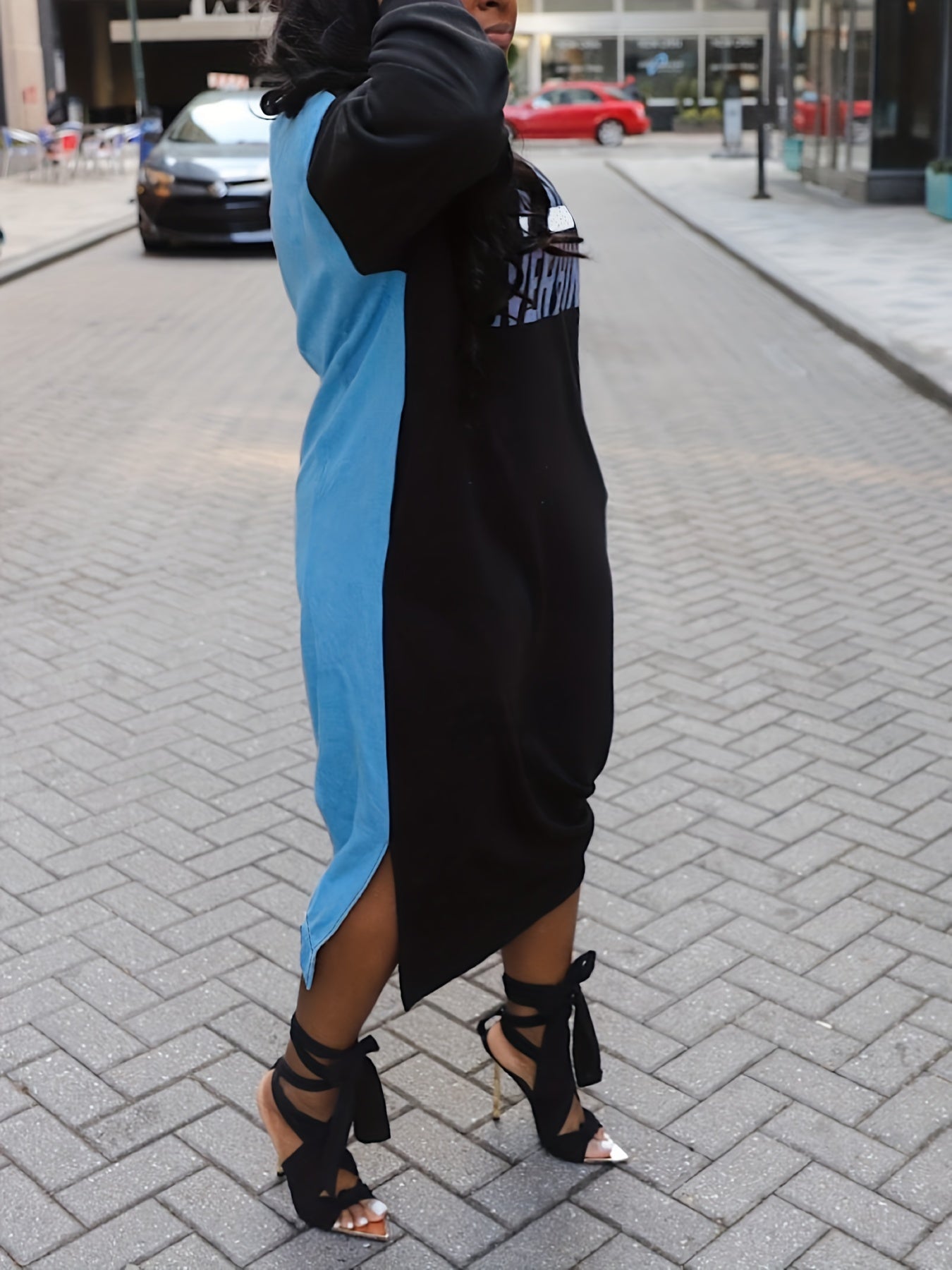  Colorblock Letter Print Long Sleeve Sweatshirt Dress