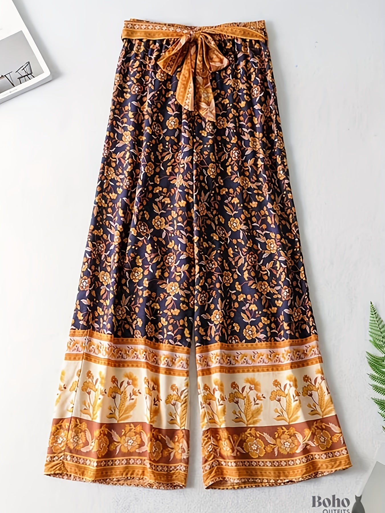  Floral Print Wide Leg Pants Elastic Waist