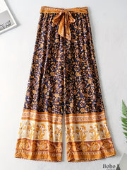  Floral Print Wide Leg Pants Elastic Waist