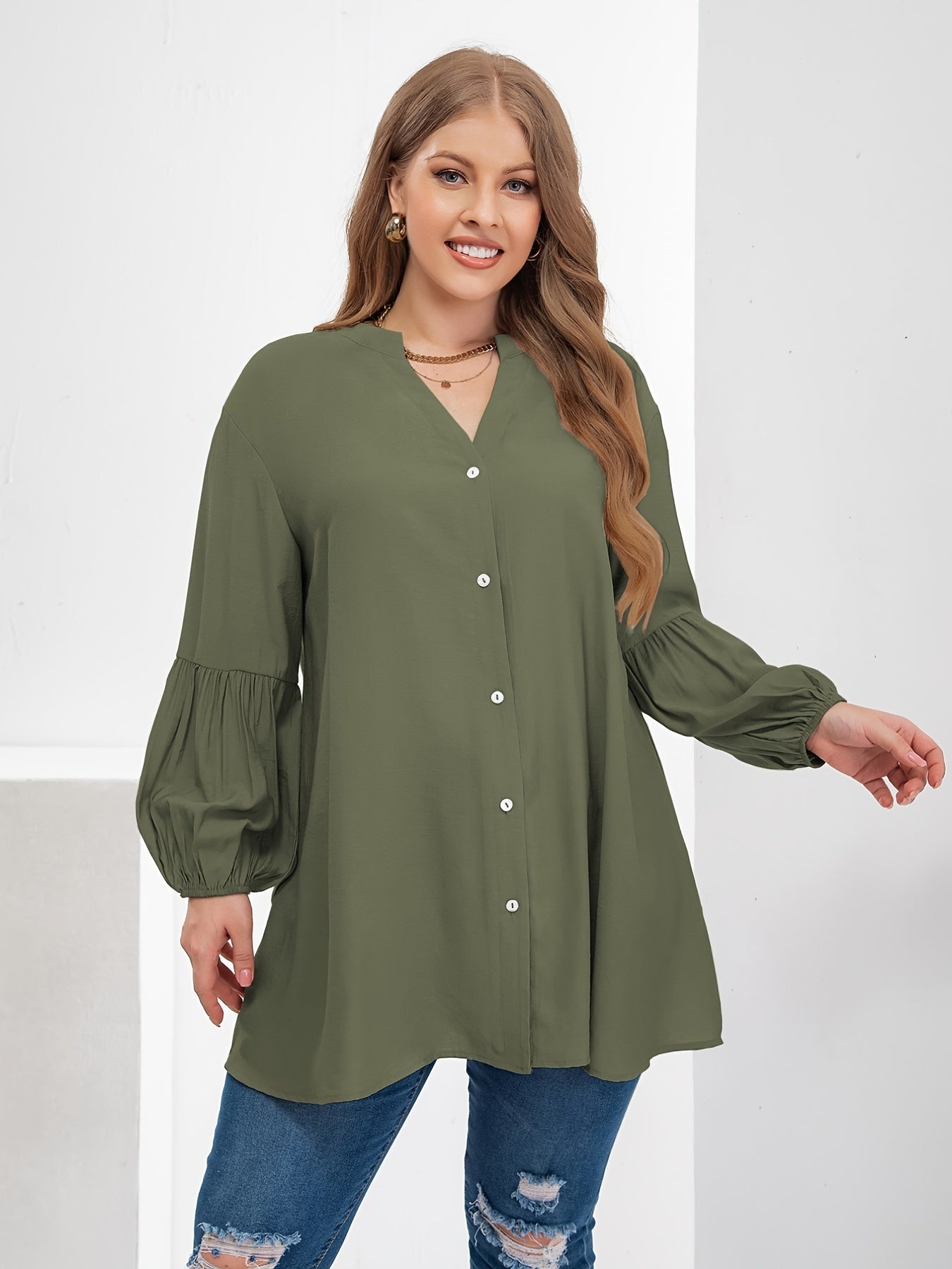  Puff Sleeve V Neck Button Front Blouse