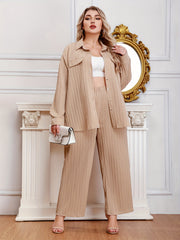  Ribbed Long Sleeve Shirt & Wide Leg Pants Set