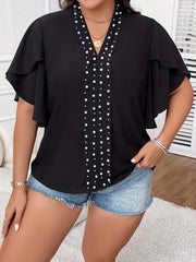  Faux Pearl Decor V Neck Blouse