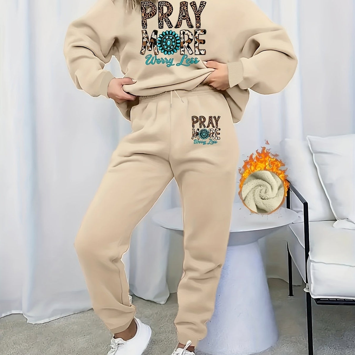  Leopard Print Fleece Crew Neck Sweatshirt & Joggers Set