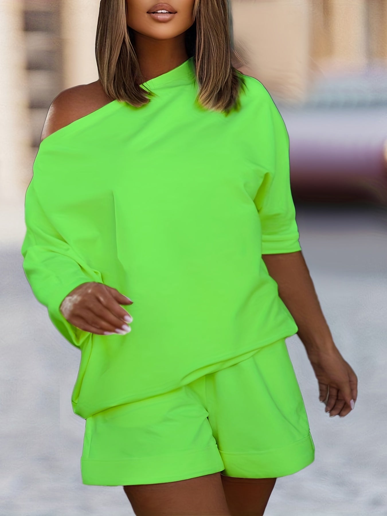Women's Plus Solid One Shoulder Tee & Shorts Outfit Set