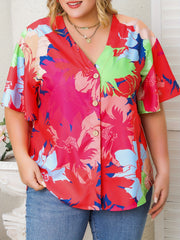  Casual Blouse Women's Plus Contrast Floral Print Half Butterfly Sleeve