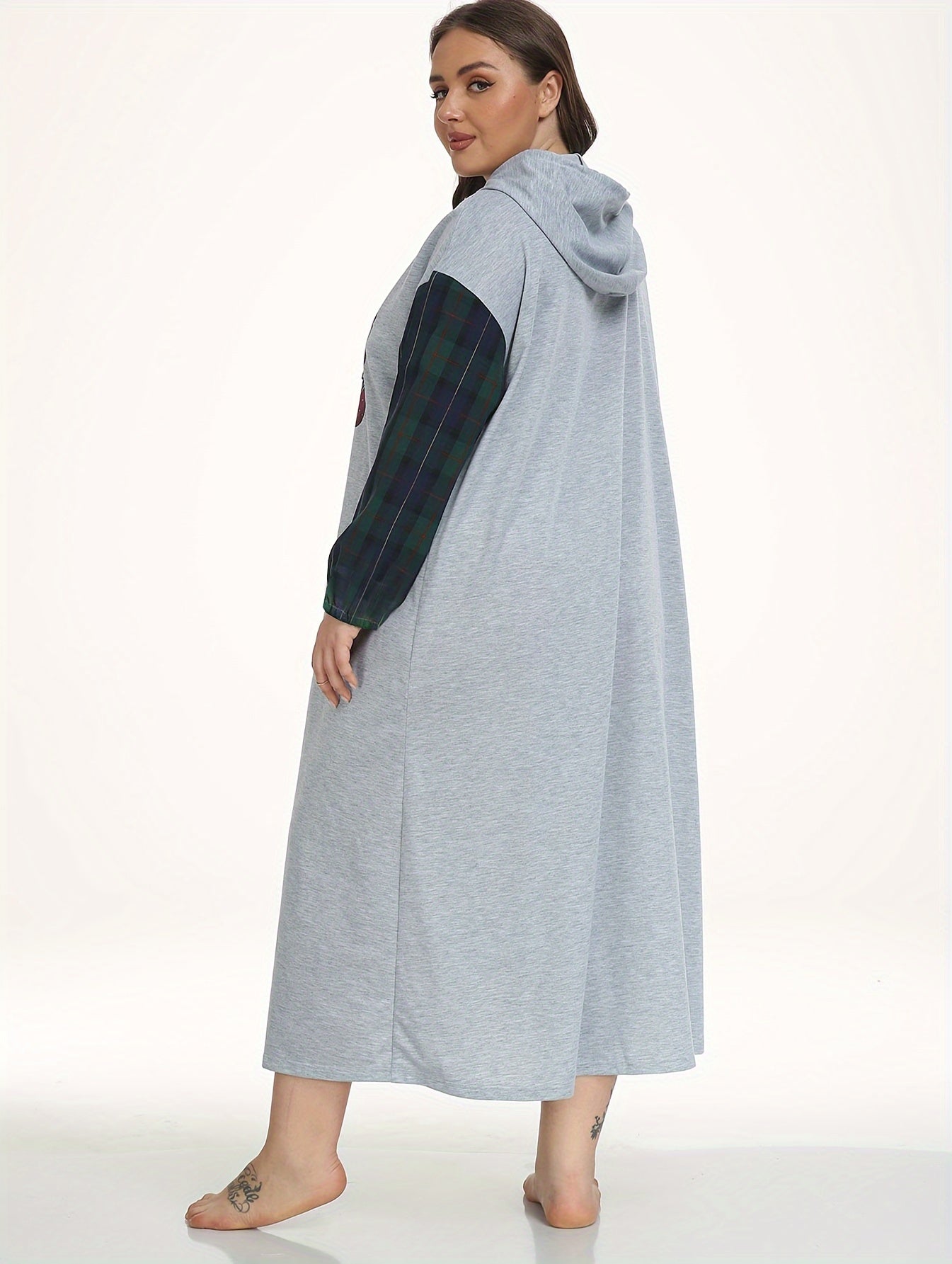 Christmas Lounge Dress Women's Plus Elk Print Plaid Hooded Sleep Dress