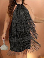  Fringe Trim Halter Backless Cami Dress