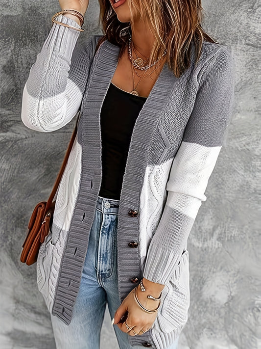  Colorblock Cable Button Up Cardigan with Pockets