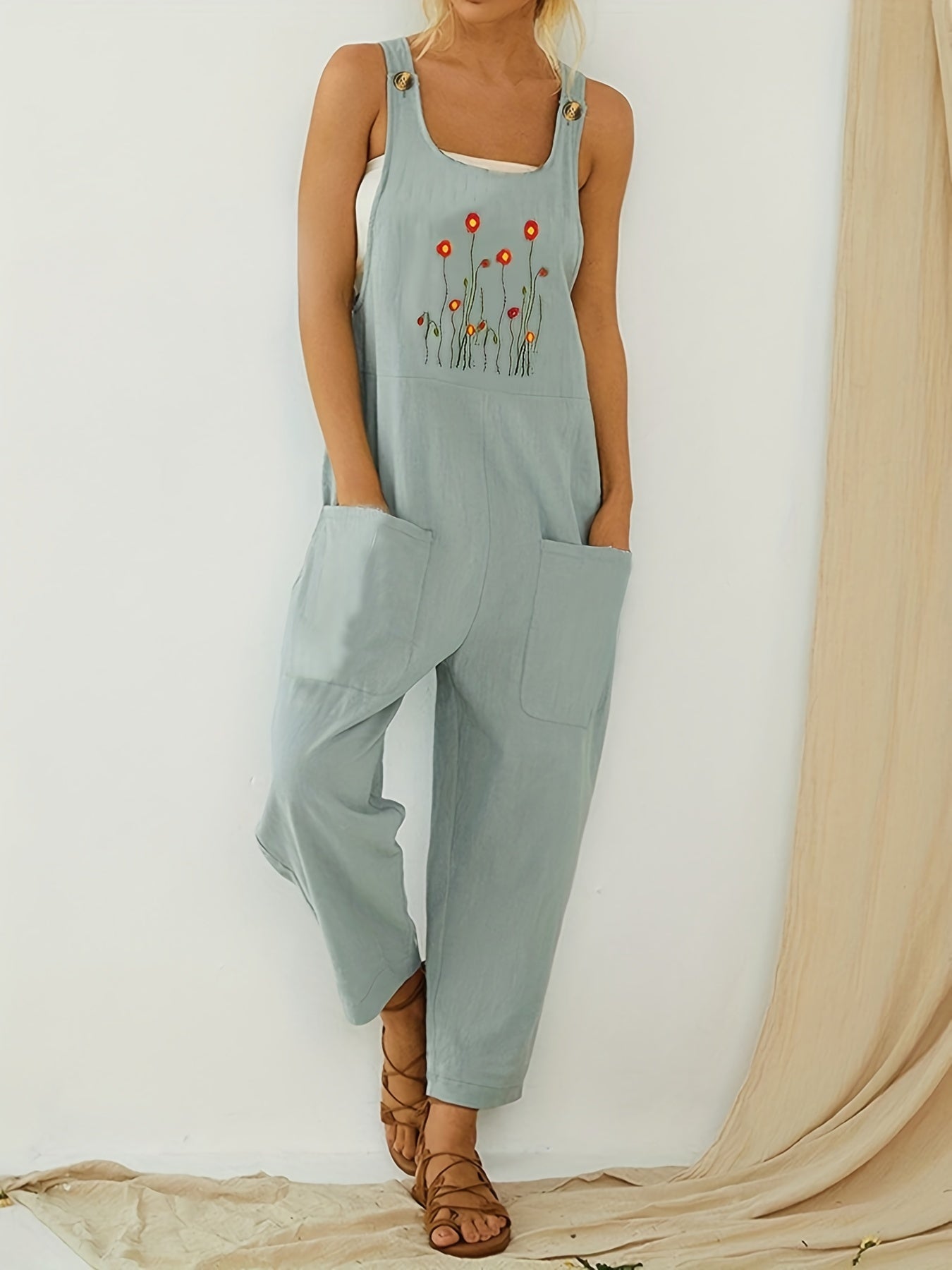 Pocket Solid Tank Jumpsuit Loose Casual Women's Clothing