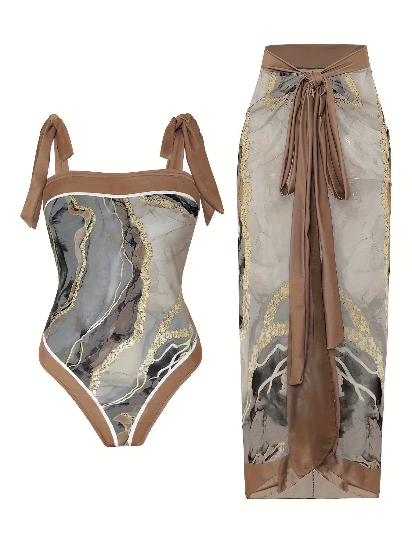  Marble Print Tankini Set One Piece Swimsuit & Skirt Two Piece Bathing