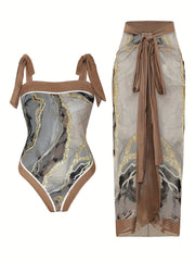  Marble Print Tankini Set One Piece Swimsuit & Skirt Two Piece Bathing