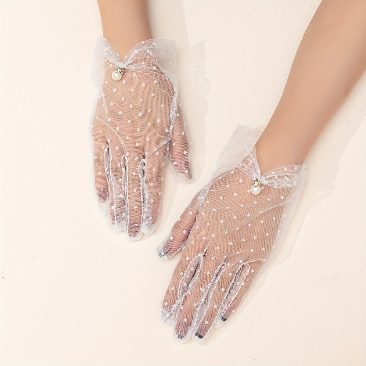 Polka Dot Mesh Gloves Pearl Pendant Decor Wedding Bridal Dress Gloves