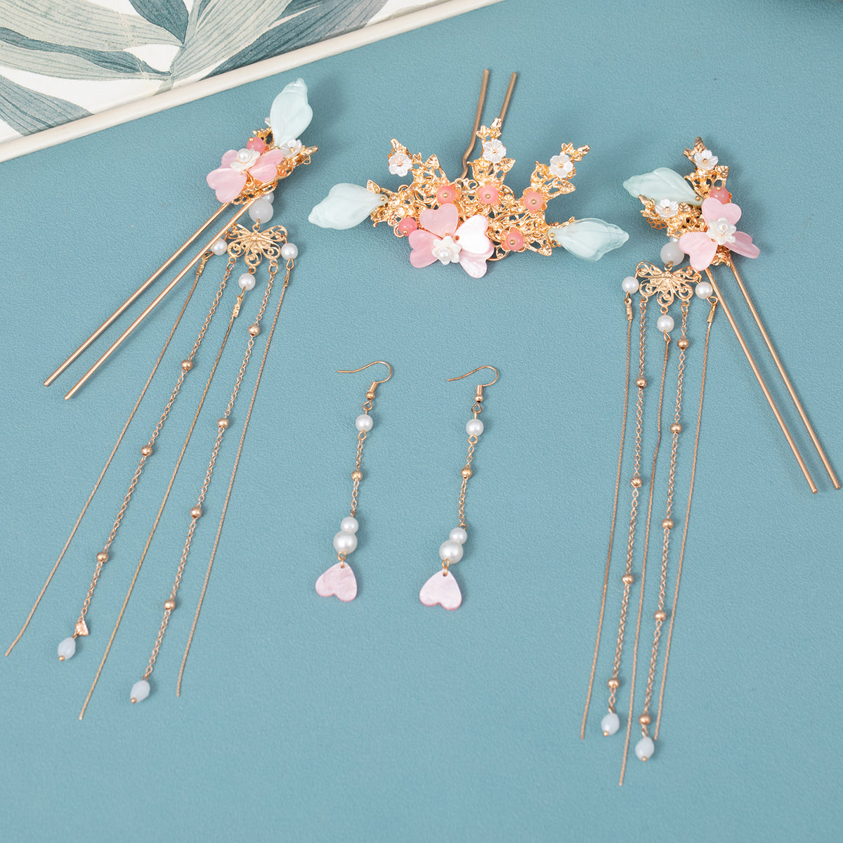 Ancient Style Flower Headdress Set Hairpin Earrings Women's Hair Accessories