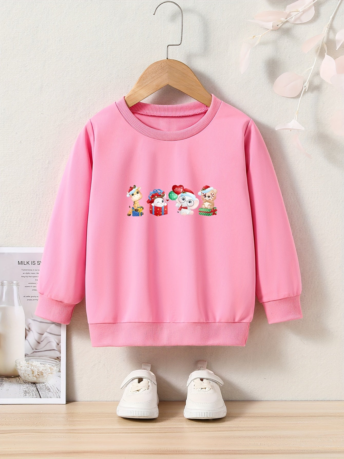 Christmas Cartoon Animals Crew Neck Long Sleeve Sweatshirt for Girls Kids