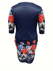 Women's Plus Floral Print 3/4 Sleeve Knee Length Casual Dress