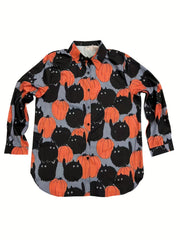  Halloween Blouse Women's Cat & Pumpkin Print Button Up