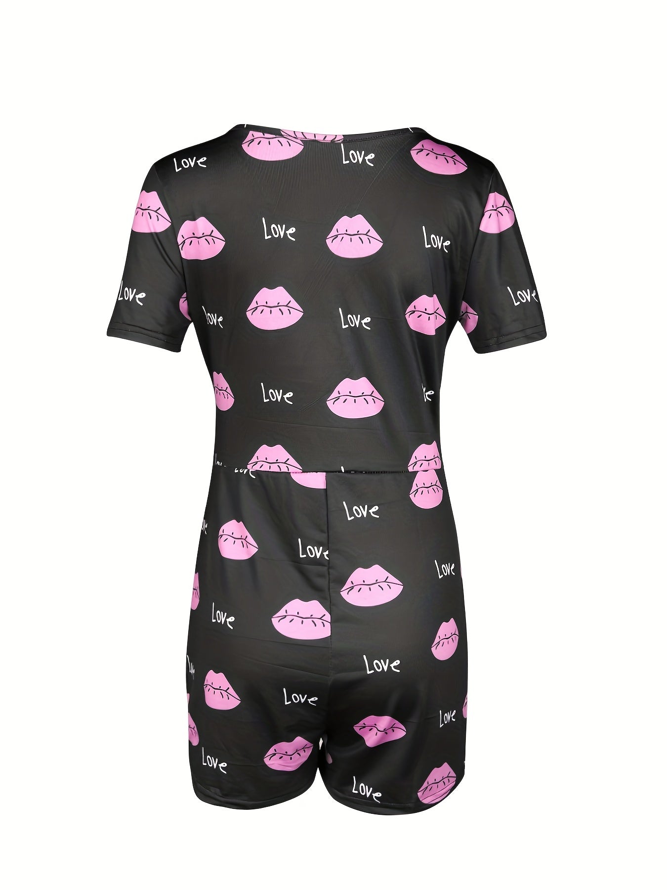 Lip & Letter Print Romper Jumpsuit V neck Button Romper Jumpsuit