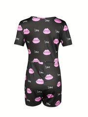 Lip & Letter Print Romper Jumpsuit V neck Button Romper Jumpsuit