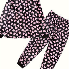  Heart Print Lounge Set Long Sleeve Top & Joggers Pajamas 2 Piece