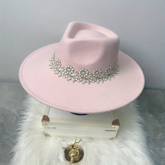 Pink Lace Flower Fedora Felt Hat for Women