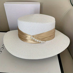 French Style Sun Hats Faux Pearl Strap Decor Flat Top Jazz Straw Hat